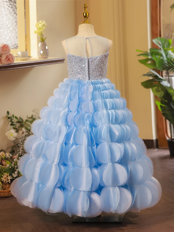 Fashion Sky Blue Sequins Cascading Ruffles Birthday Flower Girl Dresses 2023 Ball Gown Scoop Neck Sleeveless Backless Floor-Length / Long
