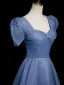 Chic / Beautiful Ocean Blue Sequins Prom Dresses 2023 A-Line / Princess Square Neckline Short Sleeve Backless Floor-Length / Long Prom Formal Dresses
