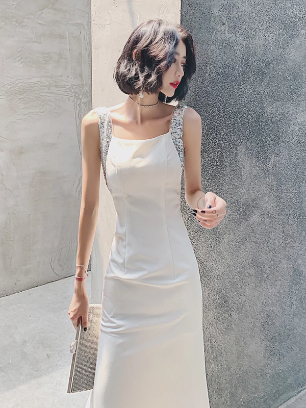 Charming Ivory Sequins Evening Dresses 2022 Trumpet / Mermaid Square Neckline Sleeveless Backless Floor-Length / Long Evening Party Formal Dresses