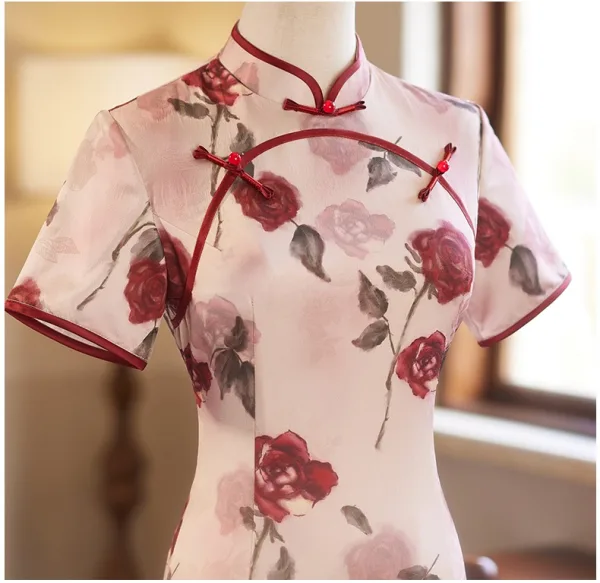 Vintage / Retro Chinese style Blushing Pink Printing Evening Party Cheongsam 2025 Trumpet / Mermaid High Neck Short Sleeve Floor-Length / Long