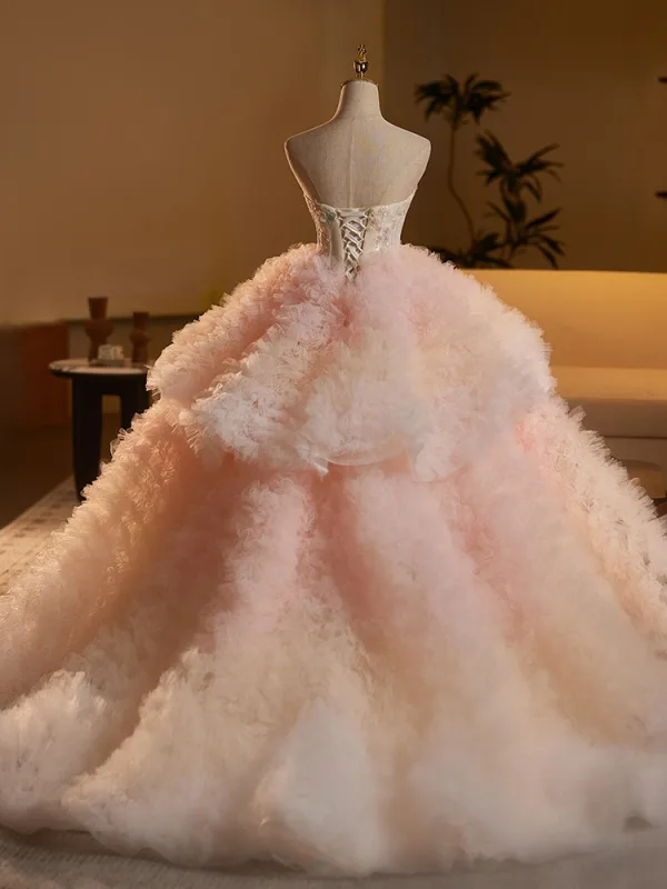 Edles Farbverlauf Rosa Perlenstickerei Pailletten Applikationen Fallende Rüsche Brautkleider / Hochzeitskleider 2025 Ballkleid Bandeau Ärmellos Rückenfreies Lange Hochzeit
