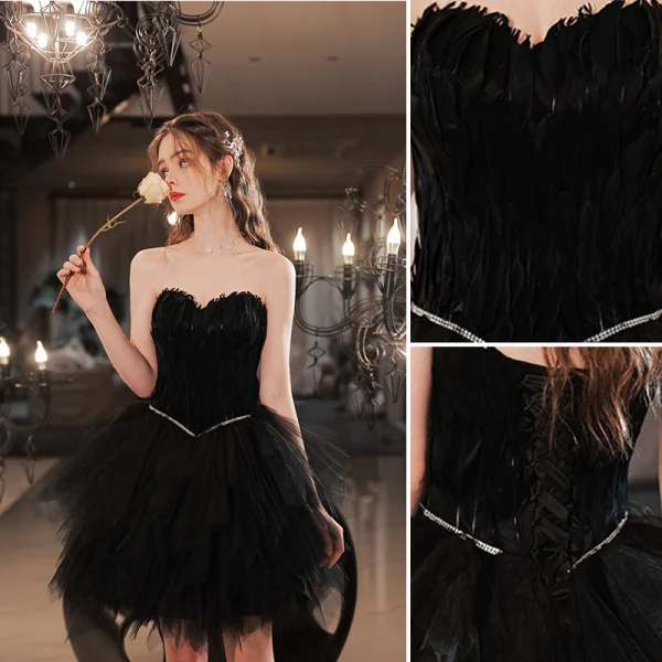Sexy Schwarz Rüschen Kurze Geburtstag Partykleider 2022 Ballkleid Bandeau Ärmellos Rückenfreies Festliche Kleider
