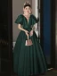 Elegant Dark Green Satin Prom Dresses 2024 A-Line / Princess V-Neck Puffy Short Sleeve Backless Floor-Length / Long Prom Formal Dresses