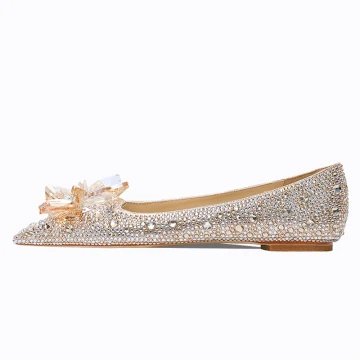 Uroczy Złote Kryształ Rhinestone Płaskie Buty Ślubne 2023 Skórzany Szpiczaste Buty Ślubne