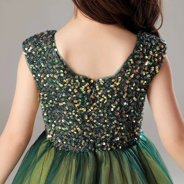 Vintage / Retro Dark Green Sequins Flower Girl Dresses 2022 A-Line / Princess Scoop Neck Sleeveless Prom Floor-Length / Long Flower Girl Dresses