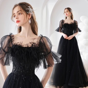 Charmant Noire Plumes Perlage Paillettes Robe De Bal 2022 Princesse Encolure Carrée Manches De Cloche Dos Nu Longue Robe De Ceremonie