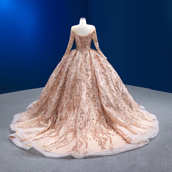 Luxury / Gorgeous Sparkly Champagne Handmade  Beading Sequins Wedding Dresses 2022 Ball Gown Scoop Neck Long Sleeve Backless Court Train Wedding