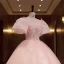 Chic / Belle Rougissant Rose Robe De Bal 2022 Robe Boule Encolure Dégagée Gonflée Manches Courtes Perlage Perle Faux Diamant Dos Nu Longue Robe De Ceremonie