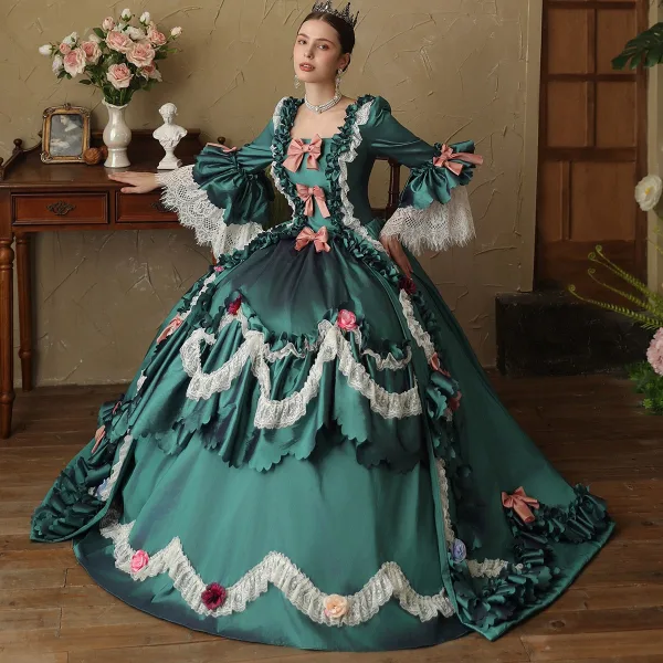 Couture Medieval Vintage / Retro Gothic Dark Green Appliques Lace Flower Bow Prom Dresses 2024 Ball Gown Square Neckline Bell sleeves Floor-Length /