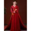Chinese style Red Pearl Rhinestone Satin Evening Dresses 2022 A-Line / Princess V-Neck Long Sleeve Tassel Backless Evening Party Court Train Formal Dresses