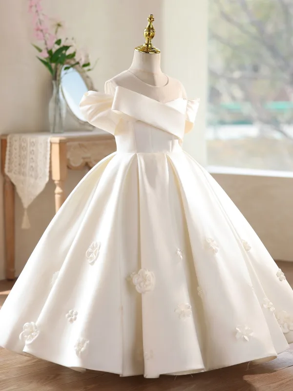 Elegante Ivory / Creme Applikationen Satin Hochzeit Blumenmädchenkleider 2026 Ballkleid Rundhalsausschnitt Kurze Ärmel Rückenfreies Lange