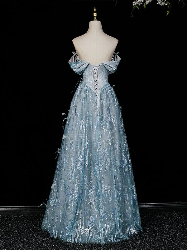 Sexy Fashion Sky Blue Beading Sequins Feather Evening Dresses 2026 A-Line / Princess Strapless Sleeveless Backless Floor-Length / Long Formal Dresses
