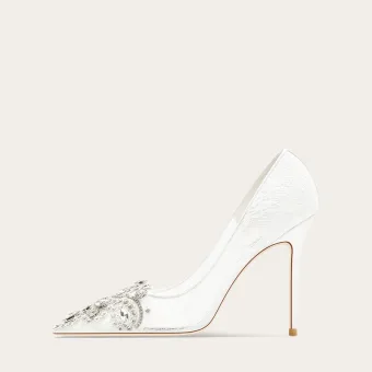 Elegantes De Encaje Rhinestone Blanco Zapatos De Novia 2024 10 Cm Stilettos Tacones De Aguja Punta Estrecha Boda Tacones High Heels