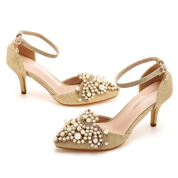 Charmant Bling Bling Doré Perle Faux Diamant Chaussure De Mariée 2023 Bride Cheville 7 cm Talons Aiguilles À Bout Pointu Mariage Talons Hauts