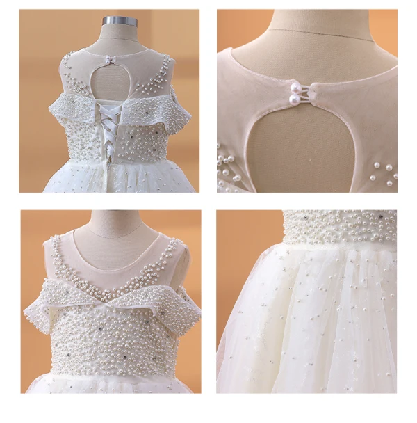 Chic / Beautiful White Beading Pearl Short Birthday Flower Girl Dresses 2024 Scoop Neck Backless Sleeveless