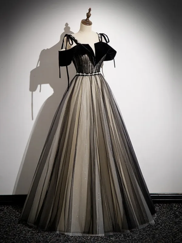 Chic / Beautiful Black Sequins Prom Dresses 2023 A-Line / Princess Pearl Rhinestone Spaghetti Straps Sash Short Sleeve Backless Floor-Length / Long Prom Formal Dresses