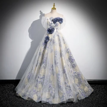Élégant Bleu Ciel Perlage Appliques Impression Robe De Bal 2024 Princesse De L Épaule Manches Courtes Dos Nu Longue Promo Robe De Ceremonie