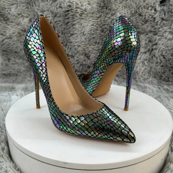 Ovanlig Mörkgrön Laser Snakeskin Trycket Afton Pumps 2025 12 cm Stilettklackar Spetsiga Högklackade