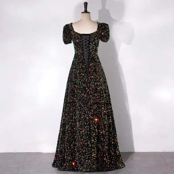 Scintillantes Noire Paillettes Robe De Bal 2024 Princesse Encolure Carrée Gonflée Manches Courtes Dos Nu Longue Promo Robe De Ceremonie
