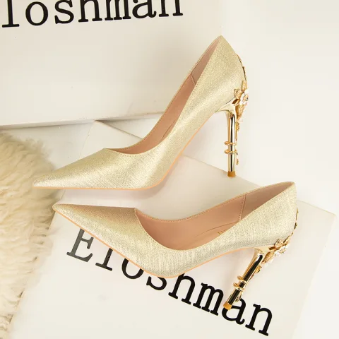 Klassisch Gold Ball Pumps 2022 Metall Blumen Strass 10 cm Stilettos Spitzschuh Pumps Hochhackige