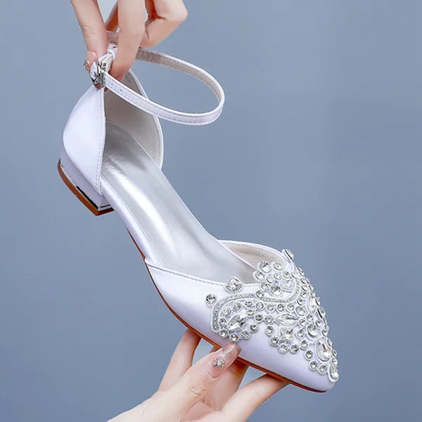 Chic / Beautiful Dark Green Rhinestone Prom Flat Womens Shoes Womens Sandals 2024 Ankle Strap Pointed Toe Sandals