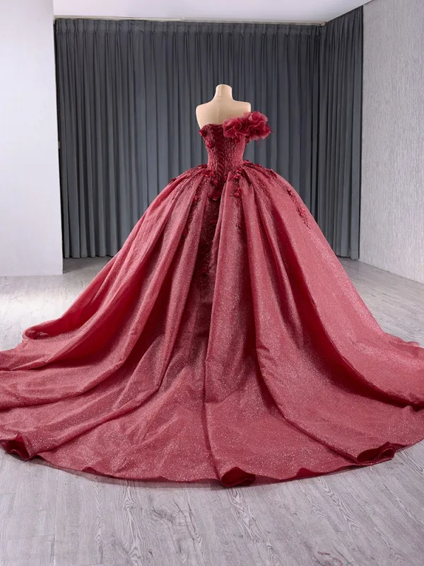 High-end Burgundy Appliques Pearl Sequins Prom Dresses 2024 Ball Gown Strapless Sleeveless Backless Chapel Train Tulle Prom Formal Dresses