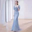 Charmant Bleu Ciel Perlage Robe De Bal 2022 Trompette / Sirène Encolure Carrée Volants Manches Courtes Noeud Longue Robe De Ceremonie