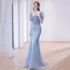 Charming Sky Blue Beading Prom Dresses 2022 Trumpet / Mermaid Square Neckline Ruffle Short Sleeve Bow Floor-Length / Long Formal Dresses