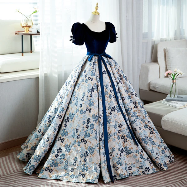 Elegant Navy Blue Floral Prom Dresses 2022 Ball Gown Square Neckline Bow Sash Short Sleeve Backless Floor-Length / Long Prom Formal Dresses