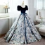 Elegant Navy Blue Floral Prom Dresses 2022 Ball Gown Square Neckline Bow Sash Short Sleeve Backless Floor-Length / Long Prom Formal Dresses