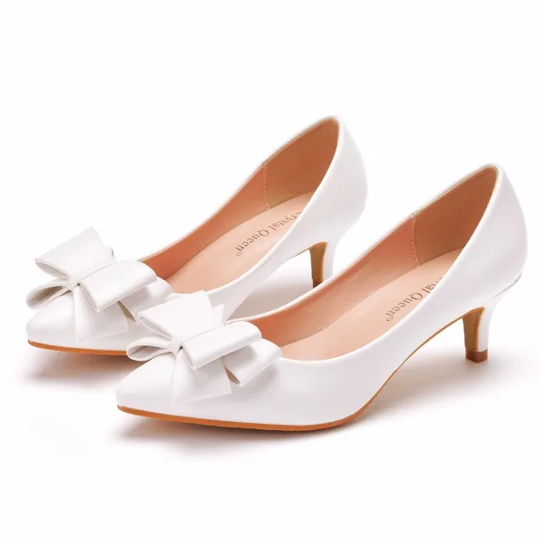 Elegante Witte Kantoor OL Strik Pumps 2025 5 cm Naaldhakken / Stiletto Spitse Neus Pumps Hoge Hakken