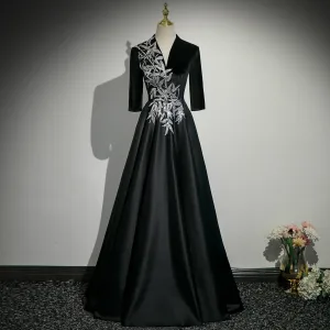 Vintage Originale Noire Paillettes En Dentelle Fleur Velours Longue Robe Mère De La Mariée 2025 Princesse V Cou 1 2 Manches