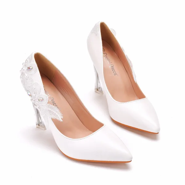 Blanche Élégant Faux Diamant En Dentelle Fleur Chaussure De Mariée 2022 9 cm Talons Aiguilles À Bout Pointu Mariage Escarpins Talons Hauts