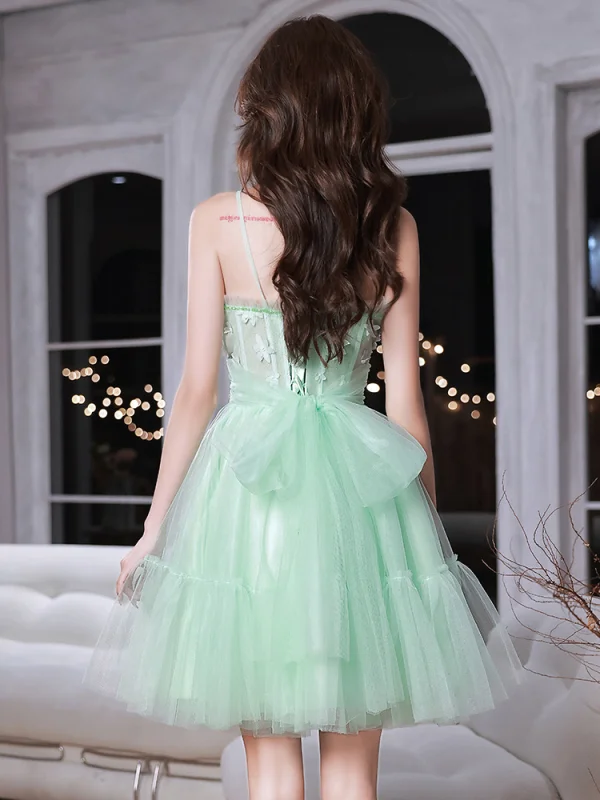 Chic / Beautiful Mint Green Homecoming Appliques Graduation Dresses 2022 A-Line / Princess Spaghetti Straps Sleeveless Backless Bow Floor-Length / Long Formal Dresses