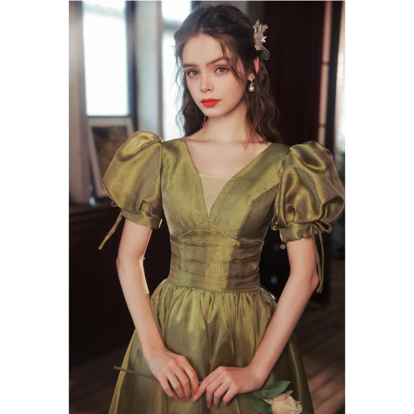 Elegant Clover Green Prom Dresses 2022 A-Line / Princess V-Neck Puffy Short Sleeve Backless Floor-Length / Long Prom Formal Dresses