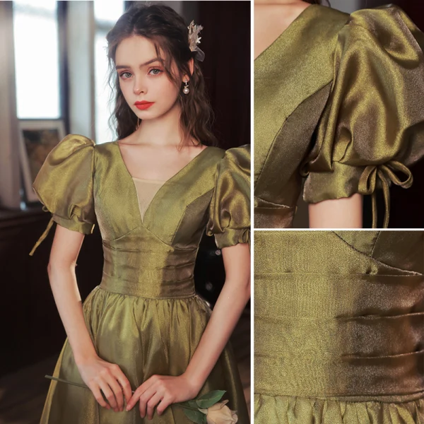 Elegant Clover Green Prom Dresses 2022 A-Line / Princess V-Neck Puffy Short Sleeve Backless Floor-Length / Long Prom Formal Dresses