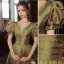 Elegant Clover Green Prom Dresses 2022 A-Line / Princess V-Neck Puffy Short Sleeve Backless Floor-Length / Long Prom Formal Dresses