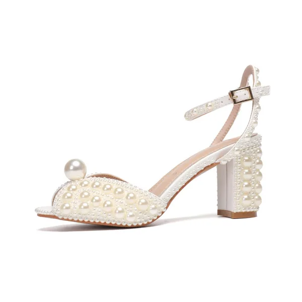Sexy Weiß Perle Brautschuhe 2024 6 cm Thick Heels Knöchelriemen Peeptoes Hochzeit Sandaletten Hochhackige