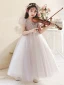 Modest / Simple Grey Beading Sequins Birthday Flower Girl Dresses 2024 Ball Gown V-Neck Short Sleeve Floor-Length / Long