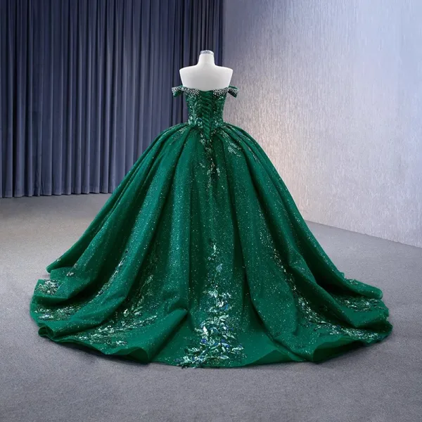 Vintage / Retro High-end Dark Green Handmade  Beading Rhinestone Sequins Prom Dresses 2023 Ball Gown Off-The-Shoulder Sleeveless Backless Court Train