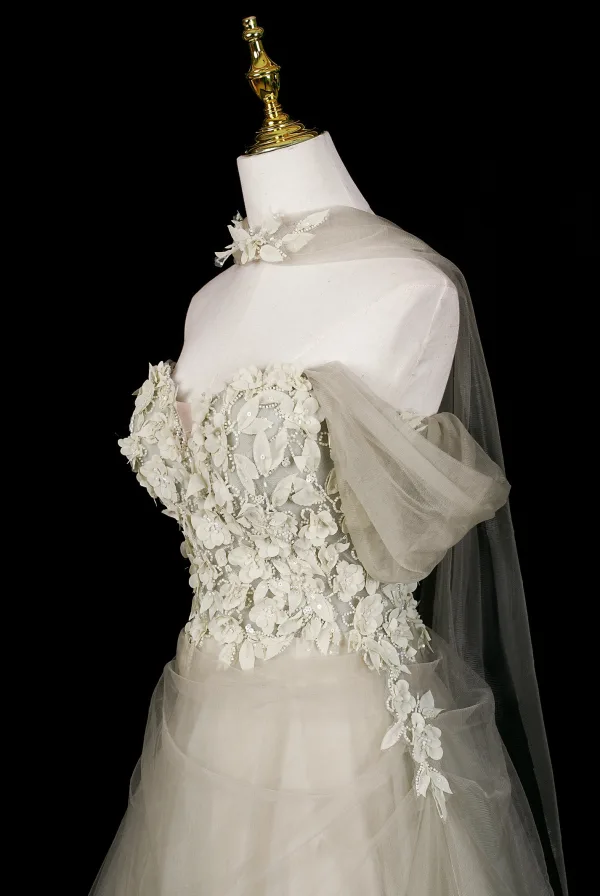 Chic / Belle Vert Cendré Perlage Paillettes Appliques Robe De Bal 2026 Princesse De l'épaule Manches Courtes Dos Nu Longue Robe De Ceremonie