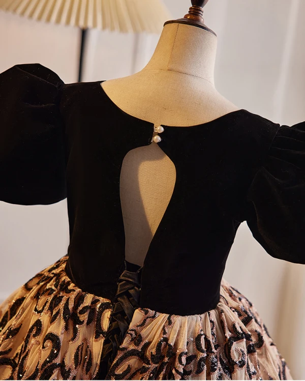 Vintage / Retro Black Printing Birthday Flower Girl Dresses 2024 Ball Gown Scoop Neck Puffy Short Sleeve Backless