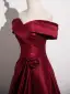 Minimalist Burgundy Satin Prom Dresses 2025 A-Line / Princess Off-The-Shoulder Short Sleeve Backless Floor-Length / Long Prom Formal Dresses