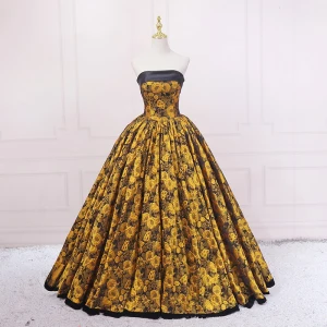 Vintage Retro Black Gold Printing Prom Dresses 2023 Ball Gown Satin Strapless Sleeveless Backless Floor Length Long Prom Formal Dresses