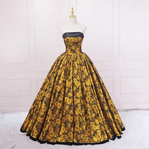 Vintage Schwarz Gold Drucken Ballkleider 2023 Ballkleid Satin Bandeau Ärmellos Rückenfreies Lange Ball Festliche Kleider