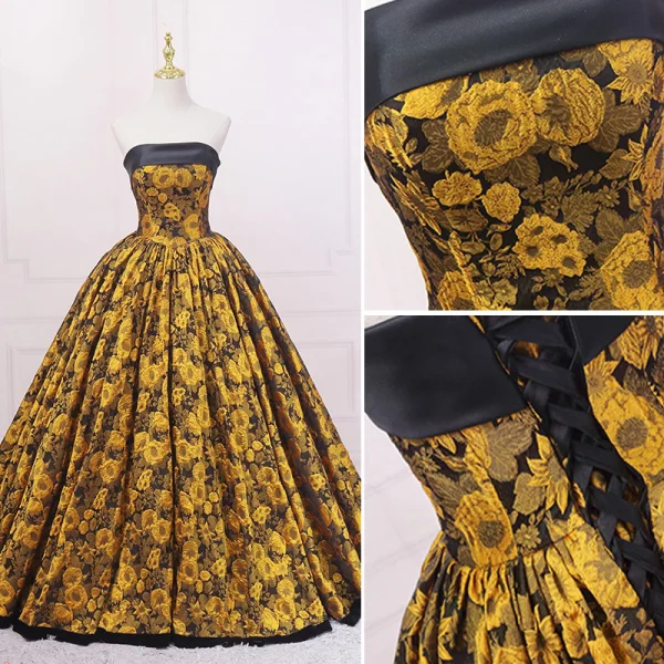 Vintage / Retro Black Gold Printing Prom Dresses 2023 Ball Gown Satin Strapless Sleeveless Backless Floor-Length / Long Prom Formal Dresses