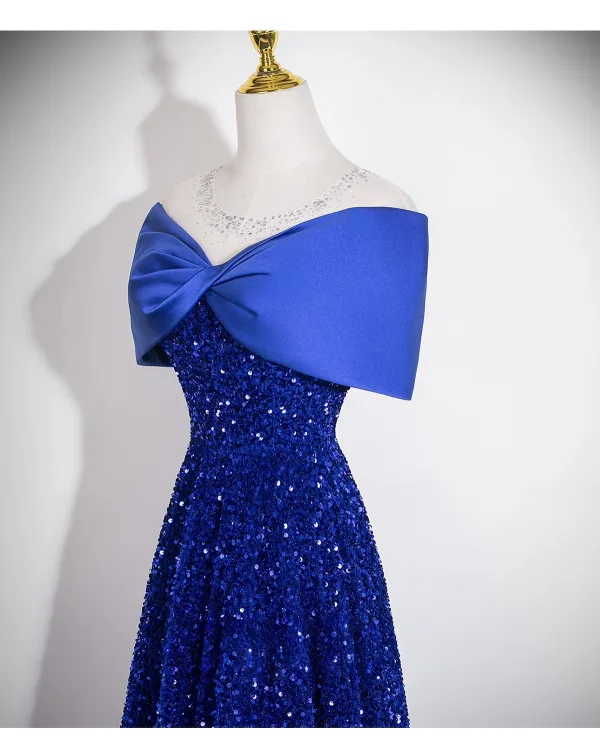 Dazzling Royal Blue Sequins Evening Dresses 2026 A-Line / Princess Off-The-Shoulder Bow Short Sleeve Backless