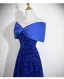Dazzling Royal Blue Sequins Evening Dresses 2026 A-Line / Princess Off-The-Shoulder Bow Short Sleeve Backless