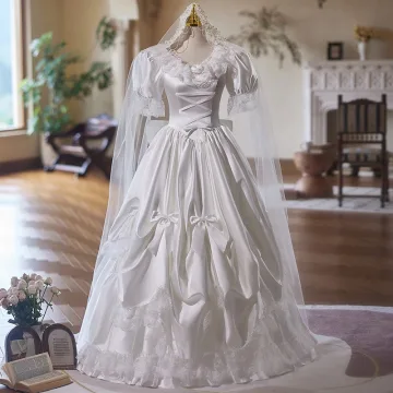 Medieval Vintage Retro White Bow Lace Flower Satin Wedding Dresses 2025 A Line Princess V Neck Short Sleeve Backless Floor Length Long Wedding