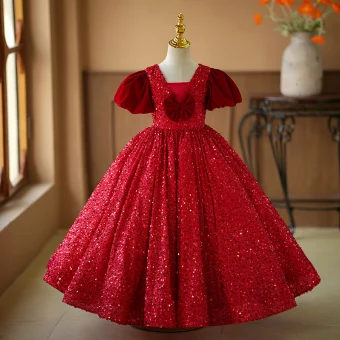 Bling Bling Burgundy Sequins Birthday Flower Girl Dresses 2024 Ball Gown Square Neckline Puffy Short Sleeve Backless Floor Length Long